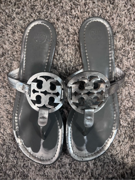 Tory Burch Shoes - Tory Burch Silver Metallic Logo Thong Sandals
